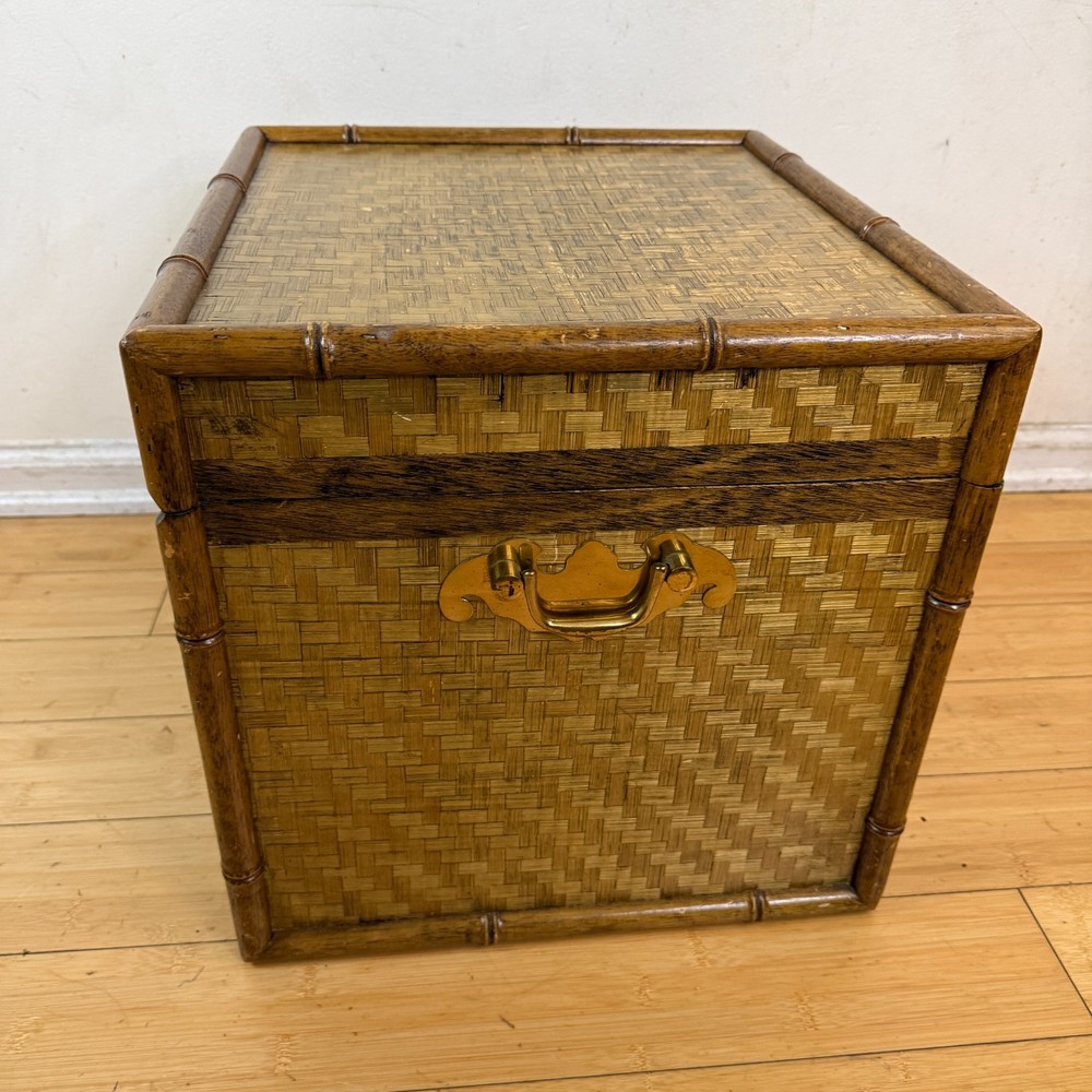Vintage Bamboo Lidded Chest Trunk Hamper Herringbone Woven Wicker
