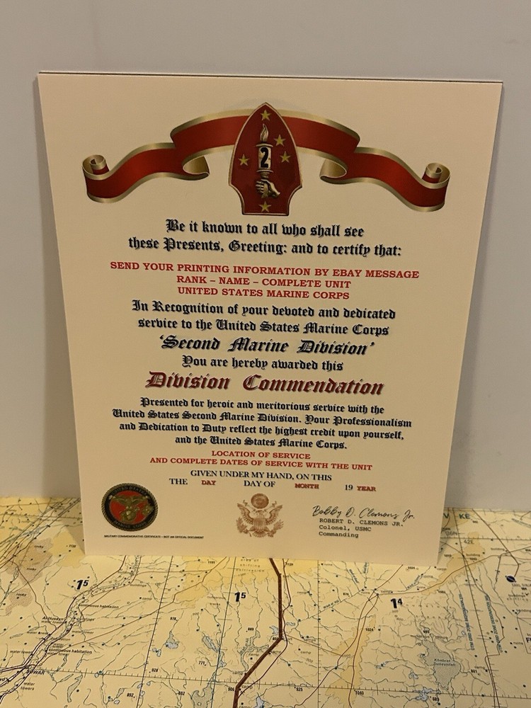 U.S.M.C. / 2ND MARINE DIVISION ~ DIVISION COMMENDATION REPLACEMENT CERTIFICATE