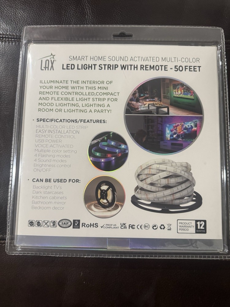 LAX Smart Home Sound Activated Multicolor LED Light Strip Remote USB 50 ft