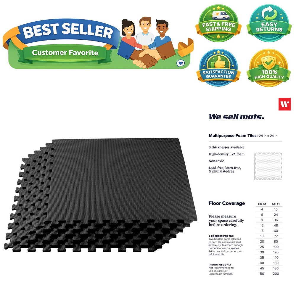 3/8" Thick Multipurpose EVA Foam Exercise Floor Mat, Interlocking Tiles, Anti...