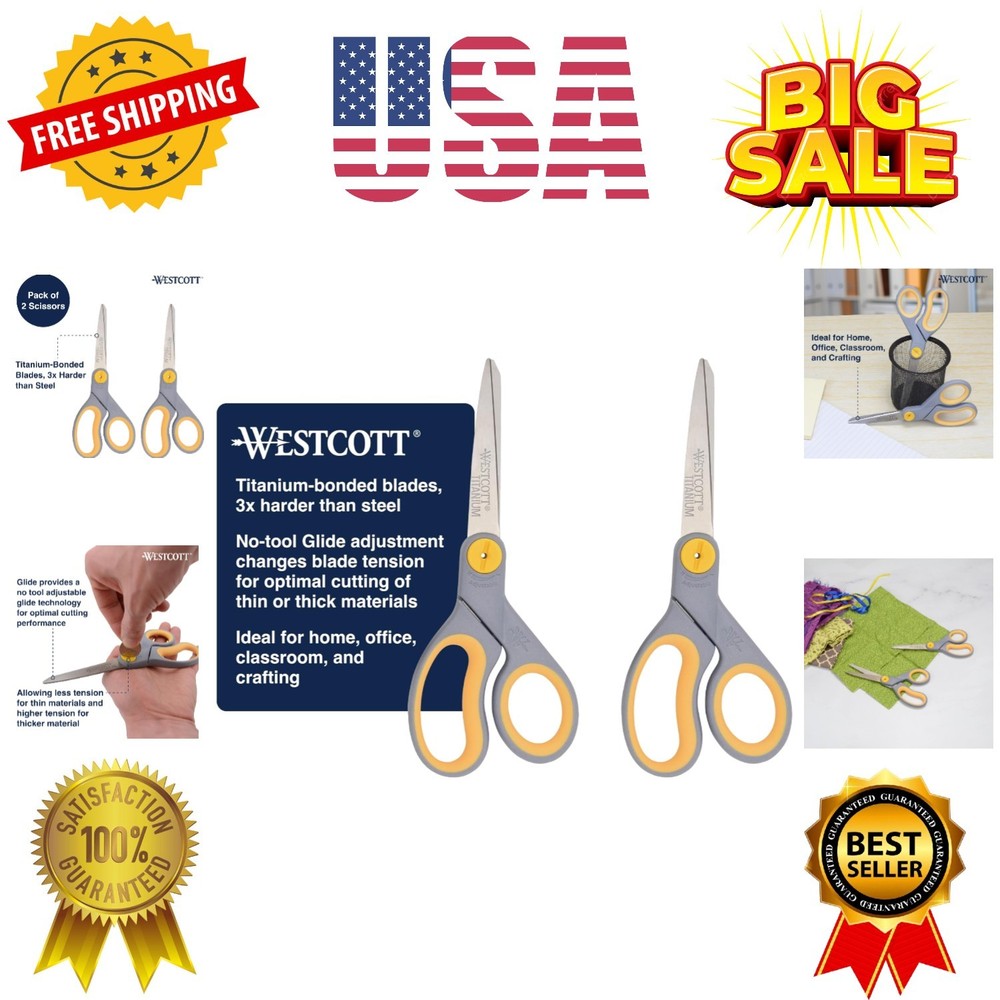 8” Titanium Bonded Scissors with Adjustable Glide and Soft Handle, 2-Pack- Du...