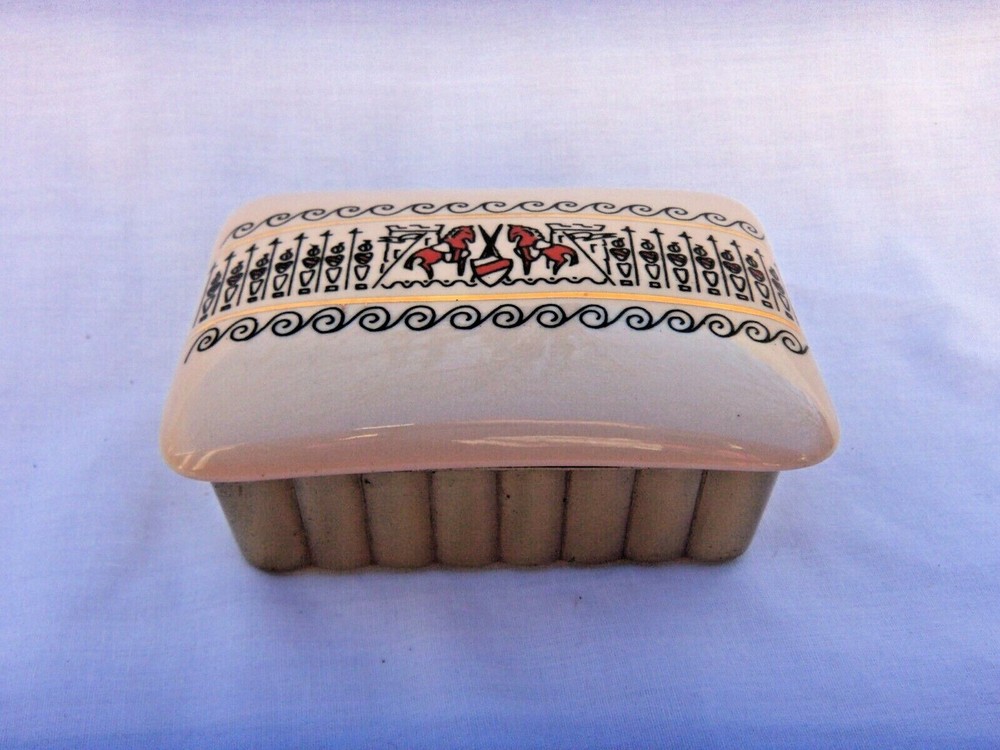 VINTAGE CIGARETTE BOX  w/ METAL BASE - CERAMIC LID w/ DESIGN   NICE