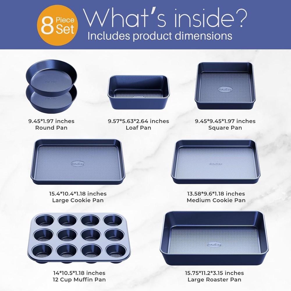 Baking Pans Set 8-Piece Bakeware Sets, Sets for Cooking Diamond Blue