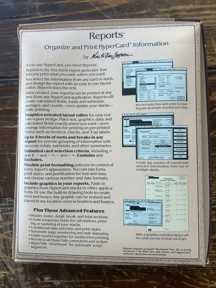 Reports 1.2 HyperCard Report Generator Macintosh Software Boxed