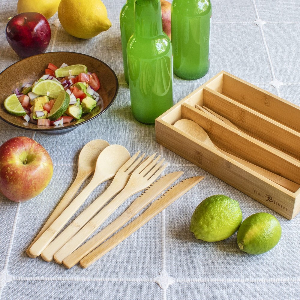 12-Piece Reusable Bamboo Flatware Set with Portable Storage Case, Dishwasher ...
