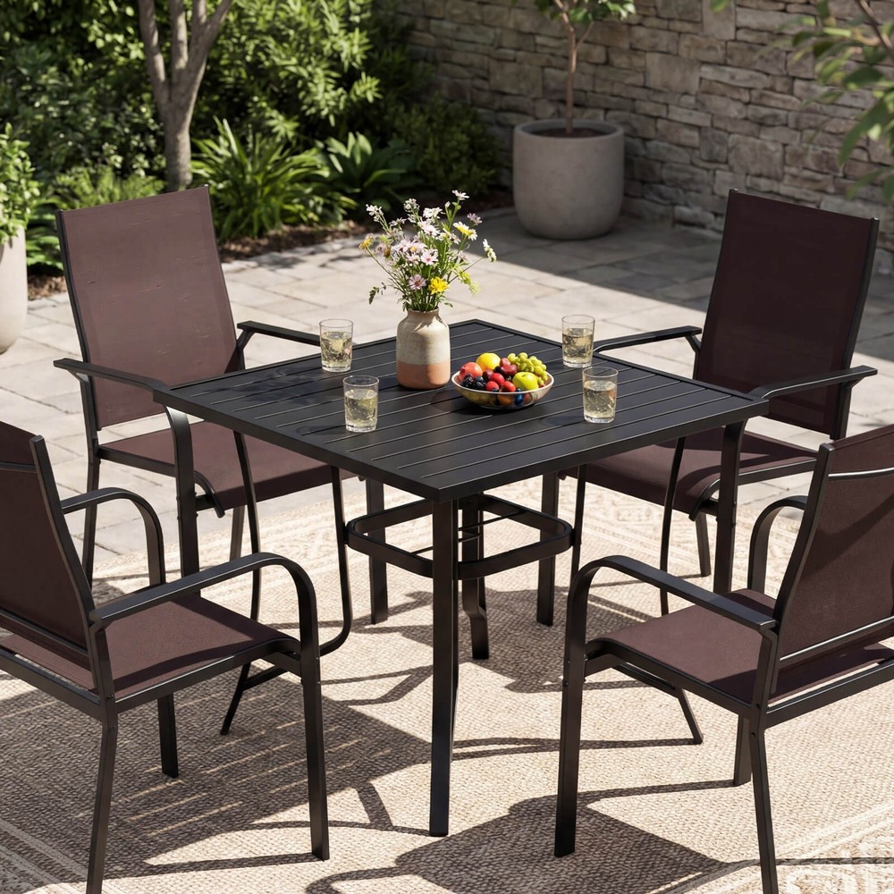 5PCS Patio Dining Set, Outdoor Square Table & Stackable Chairs w/Umbrella Hole