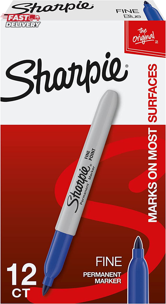 Sharpie Permanent Markers, Fine Point, Blue, 12 Count