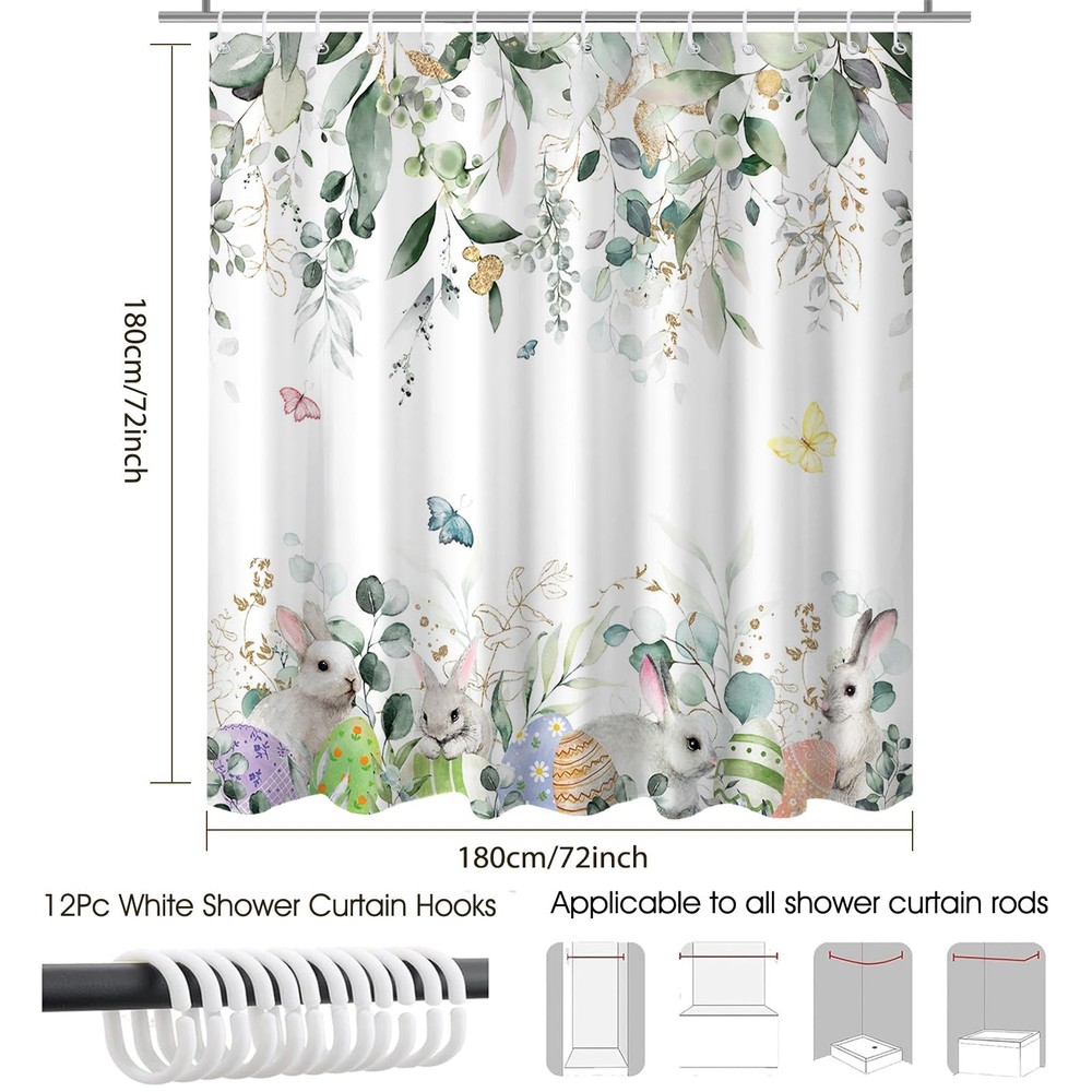 Spring Easter Shower Curtain for Bathroom Happy Easter Bunny Green Eucalyptus Sh
