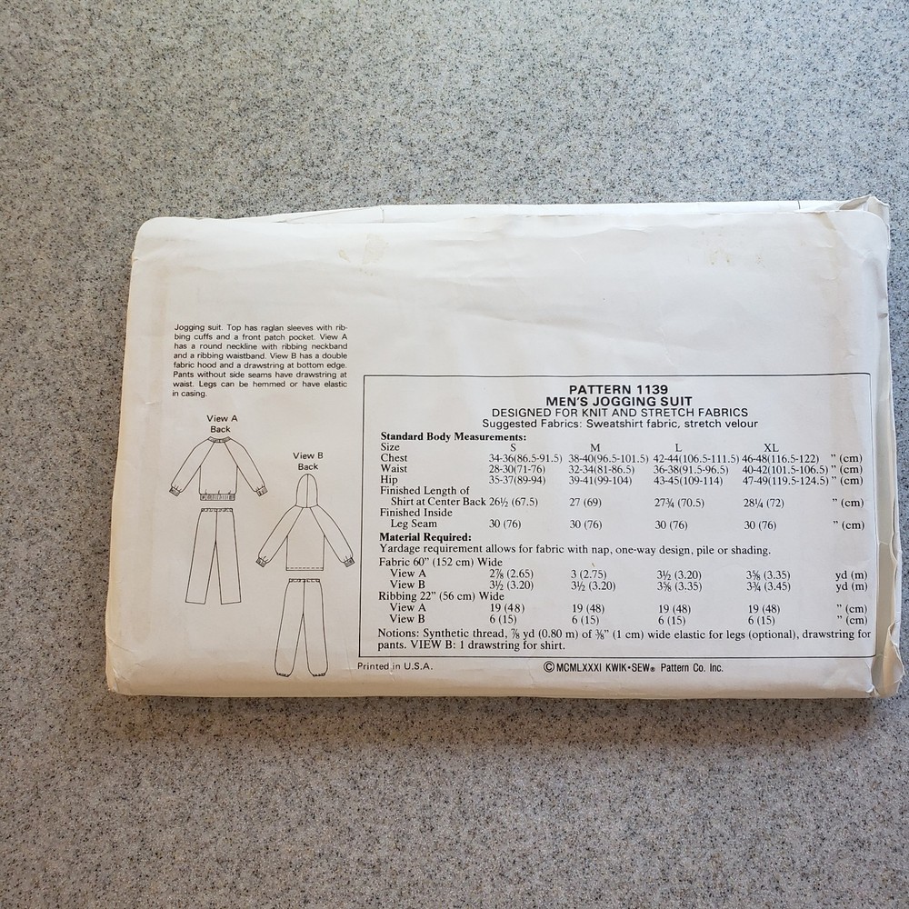 Kwik Pattern 1139 Jogging Suit Uncut