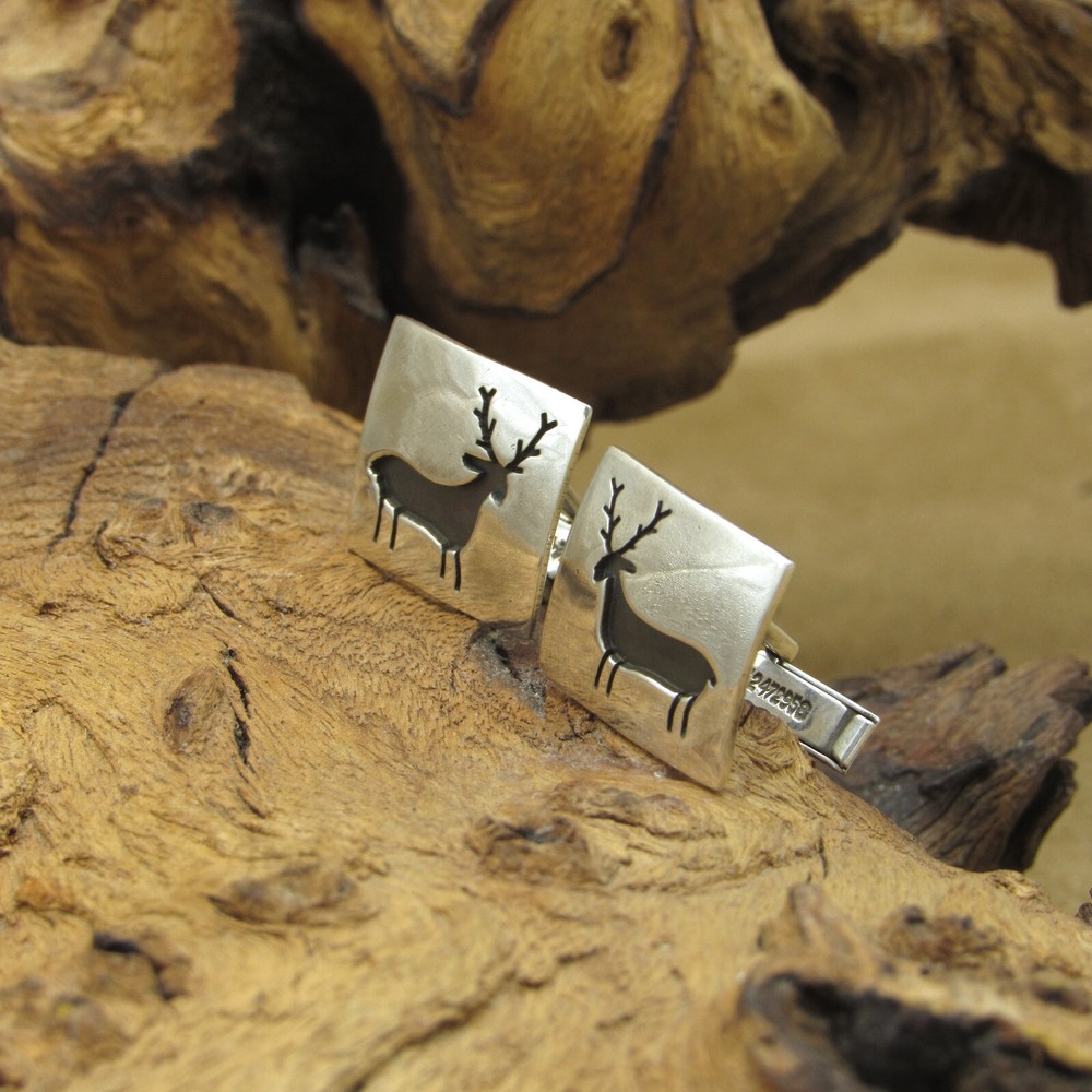 Sterling Silver Deer with Antlers Rectangular Cuff Links