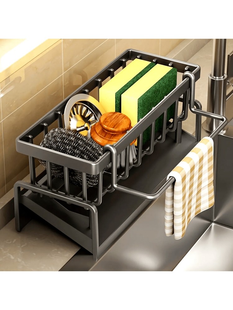 Black Aluminum Kitchen Sink Sponge Organizer Rack with Towel Holder Rust Free