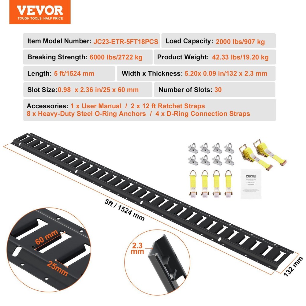 E Track Tie-Down Rail Kit 18PCS 5' E-Tracks Set 2000 lbs High Load Capacity