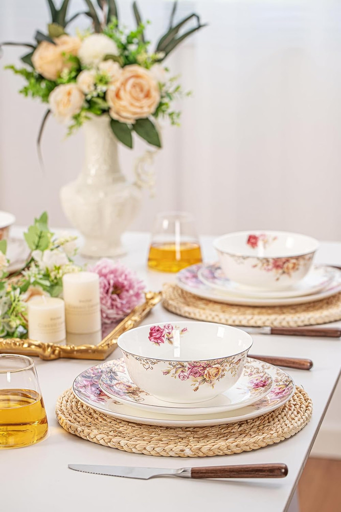 Dinnerware Sets, Plates Set, with Bowls, Artistic 12-Piece Ceramic Dinnerware, f