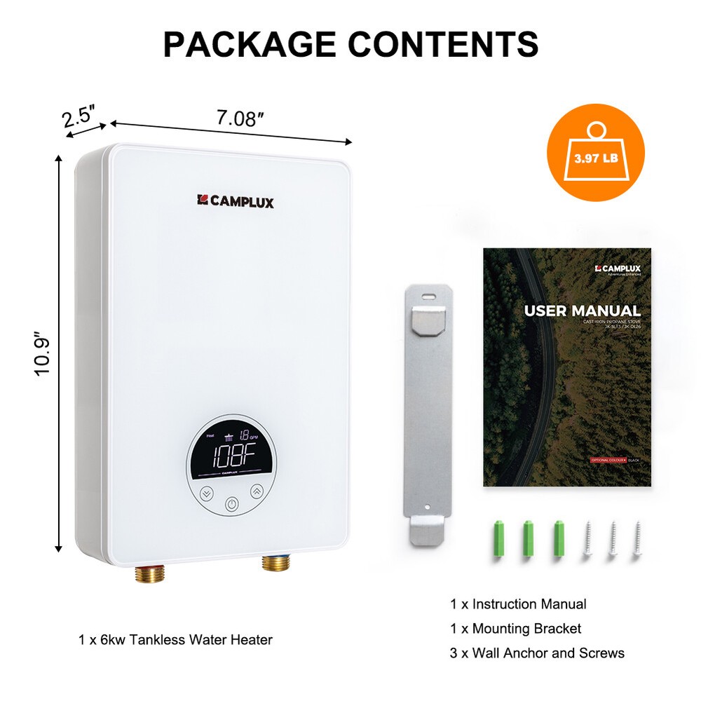 Camplux 6kW Electric Tankless Water Heater LED Display for Sink Wall Mounted RV