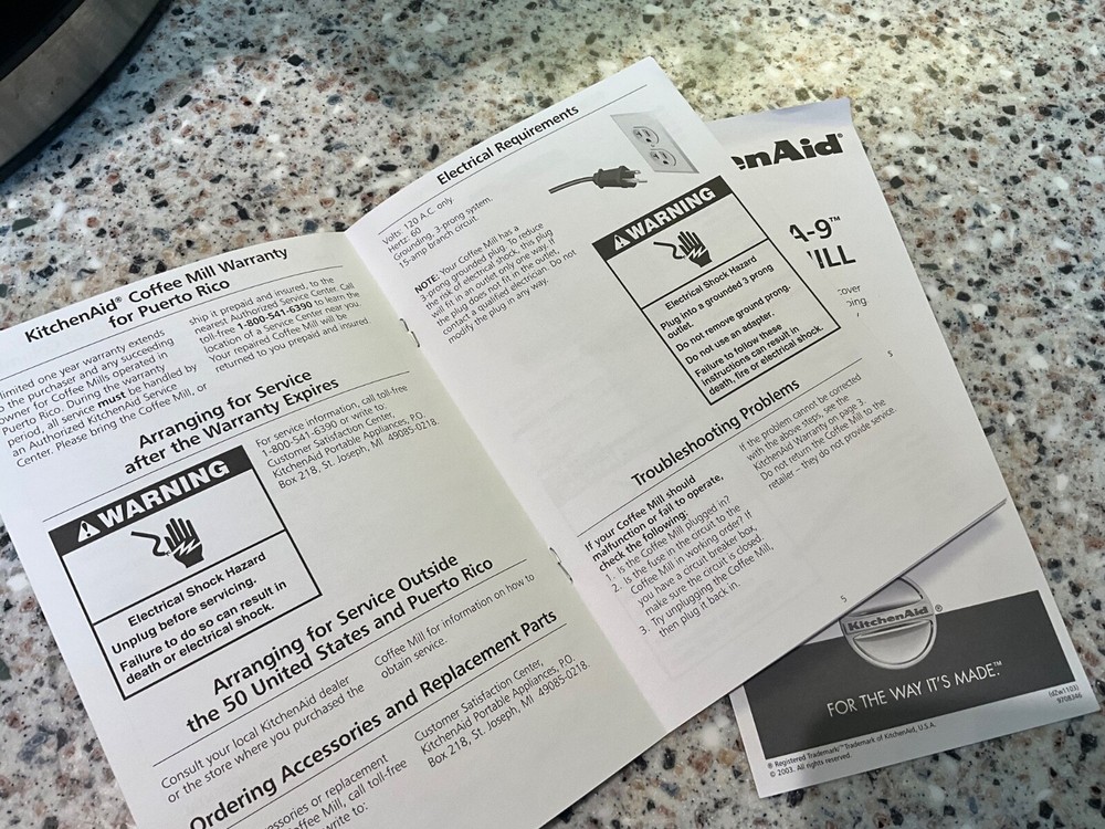 KITCHEN AID COFFEE MILL MODEL A-9 PAPER WORK BROCHURE KITCHENAID 2003
