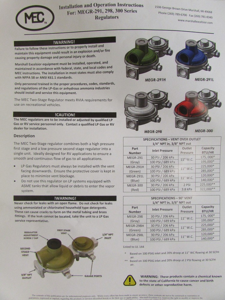 Marshall Excelsior MEGR-298 Propane Regulator 2 Stage 90 Degree Vent Pressure