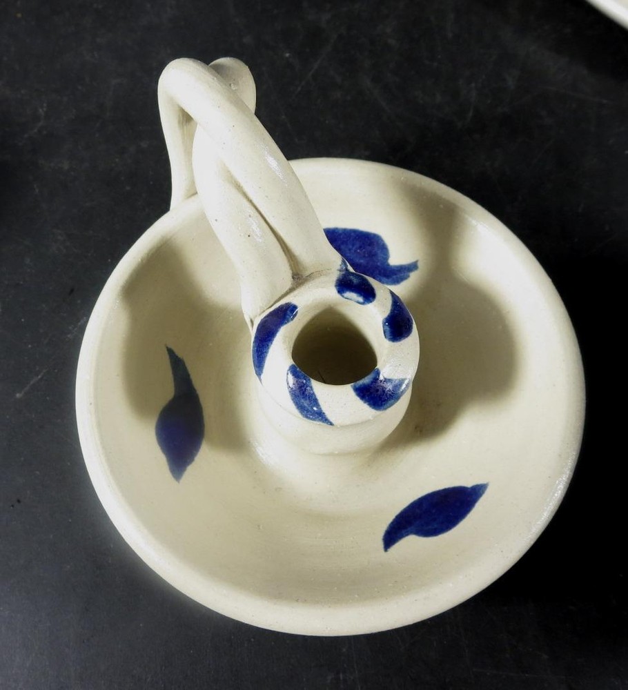 Williamsburg Pottery Finger Loop Candle Holder Blue Decoration
