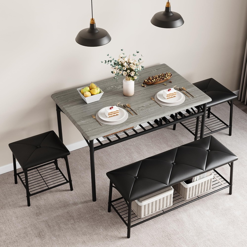 New Dining Table Set for 4 Kitchen Table with Bench and Stools w/Storage Shelves