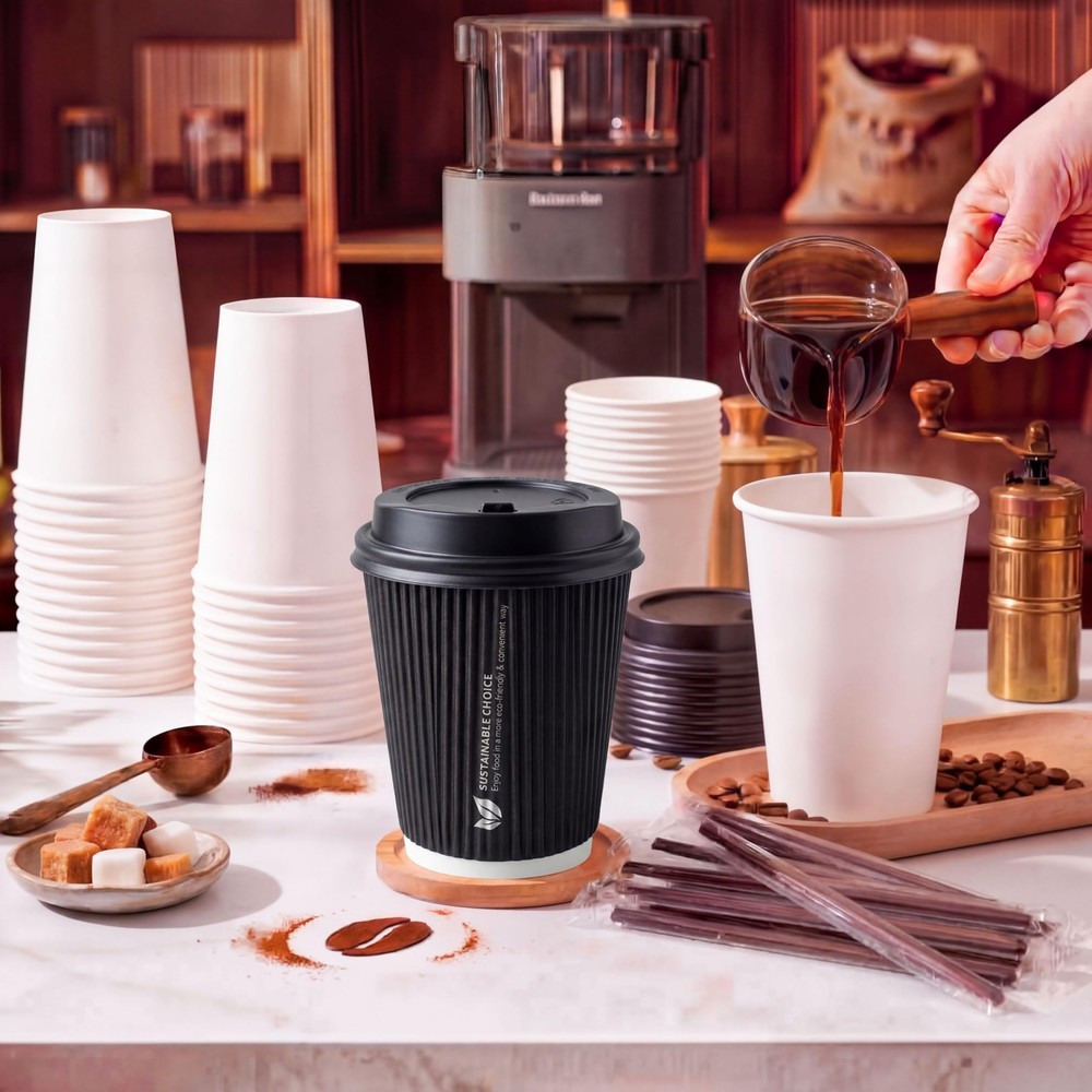 Biotakeware 50 Pack 12 oz Disposable Coffee Cups with Lids and Straws, Insula...