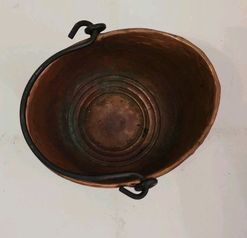 Hammered Copper Pot Hanging Cauldron Rustic Primitive Decor Black Iron Handle