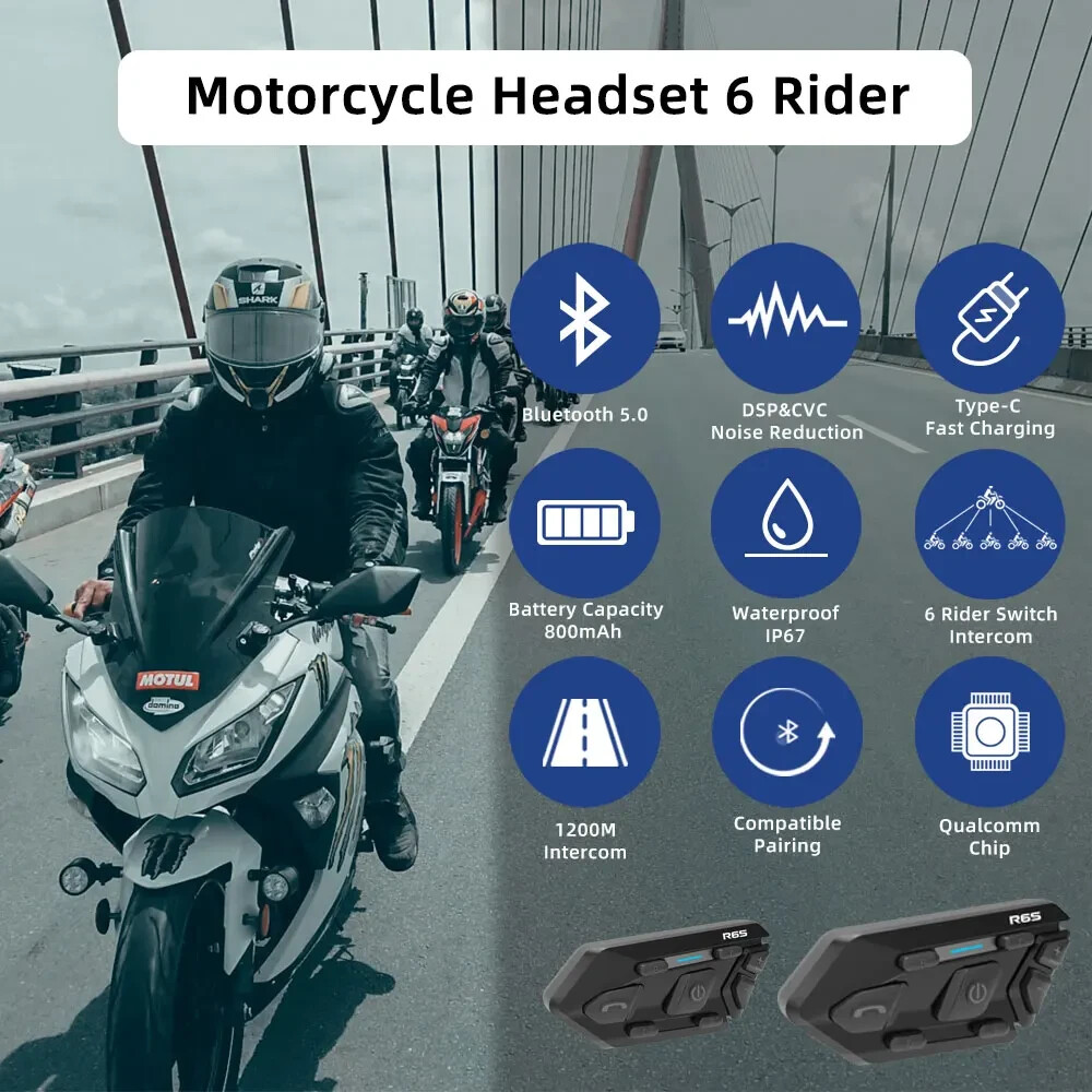 6 Riders Helmet Headset Motorcycle Bluetooth Intercom Wireless Communication