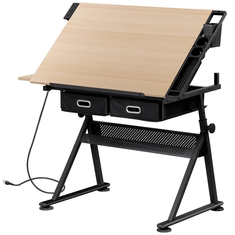 Drafting Table and Stool Set with Outlet Adjustable Artist Drawing Table Natural