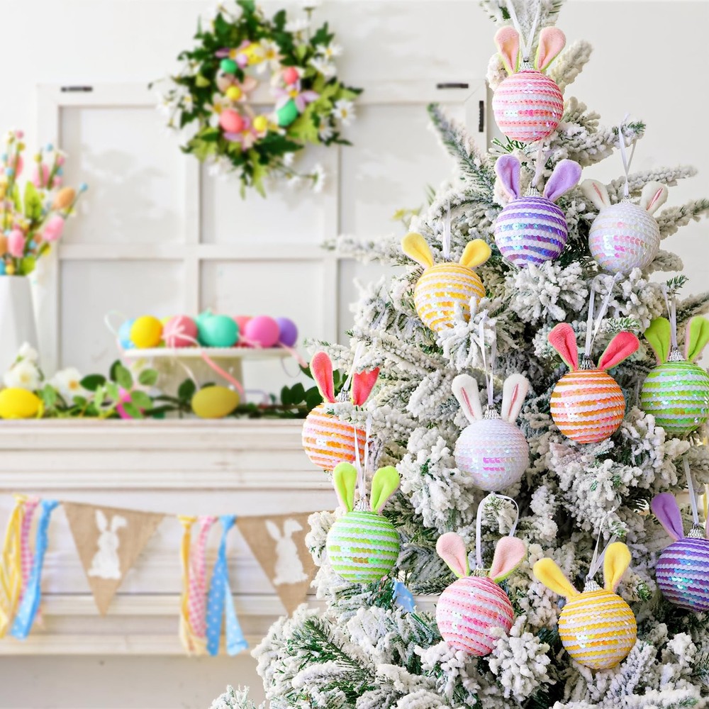 Easter Tree Decorations: 12pcs Sequin Easter Ornaments with Plush Bunny Ears, Pi