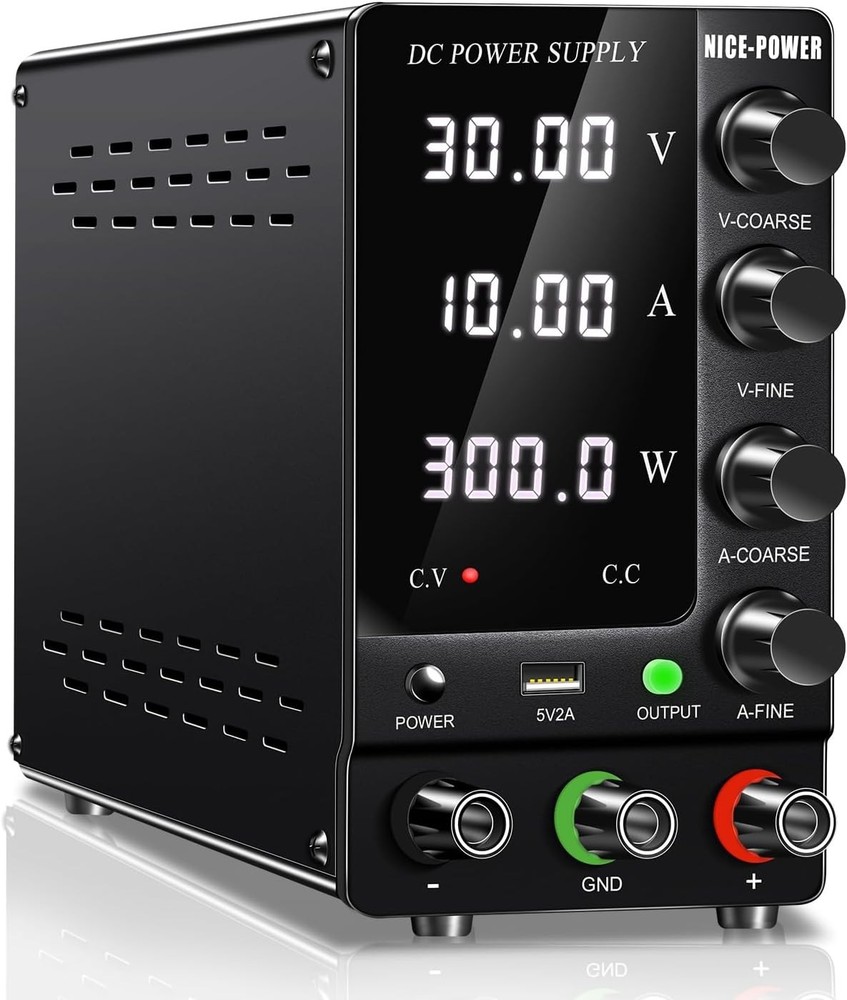 Regulated DC Power Supply 30V 10A: 4-Digit Display, USB, Stable Output Switch