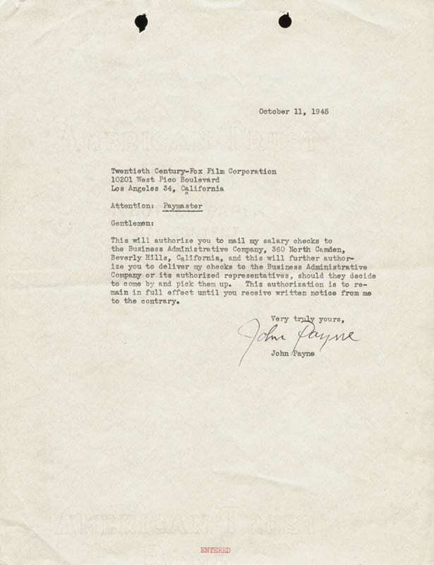 JOHN PAYNE - DOCUMENT SIGNED 10/11/1945