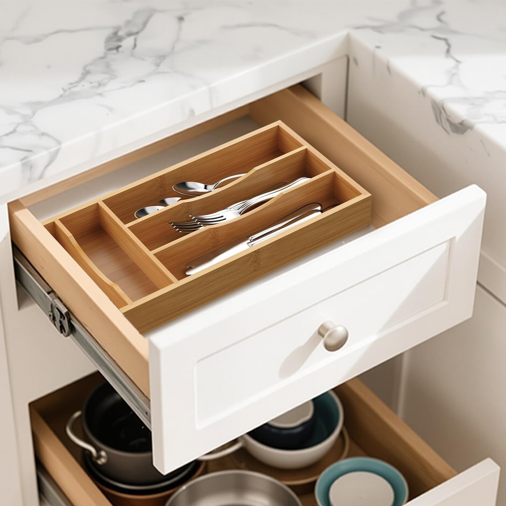 Small Silverware Organizer, Bamboo Kitchen Drawer Cutlery Small,