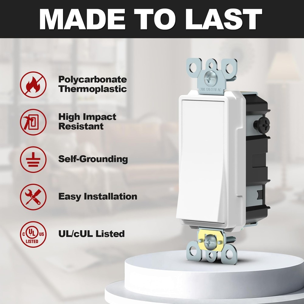 ThunderWay 3-Way Decorator Light Switch White, Single Pole or 3 Way, White