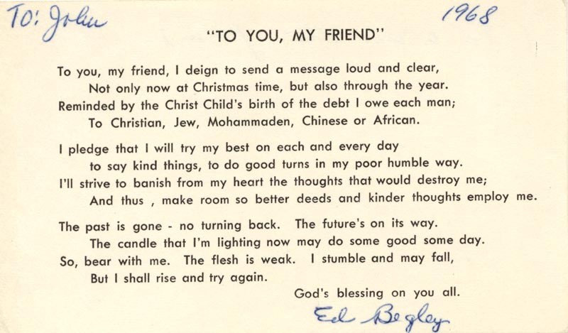 ED BEGLEY SR. - INSCRIBED POEM SIGNED 1968