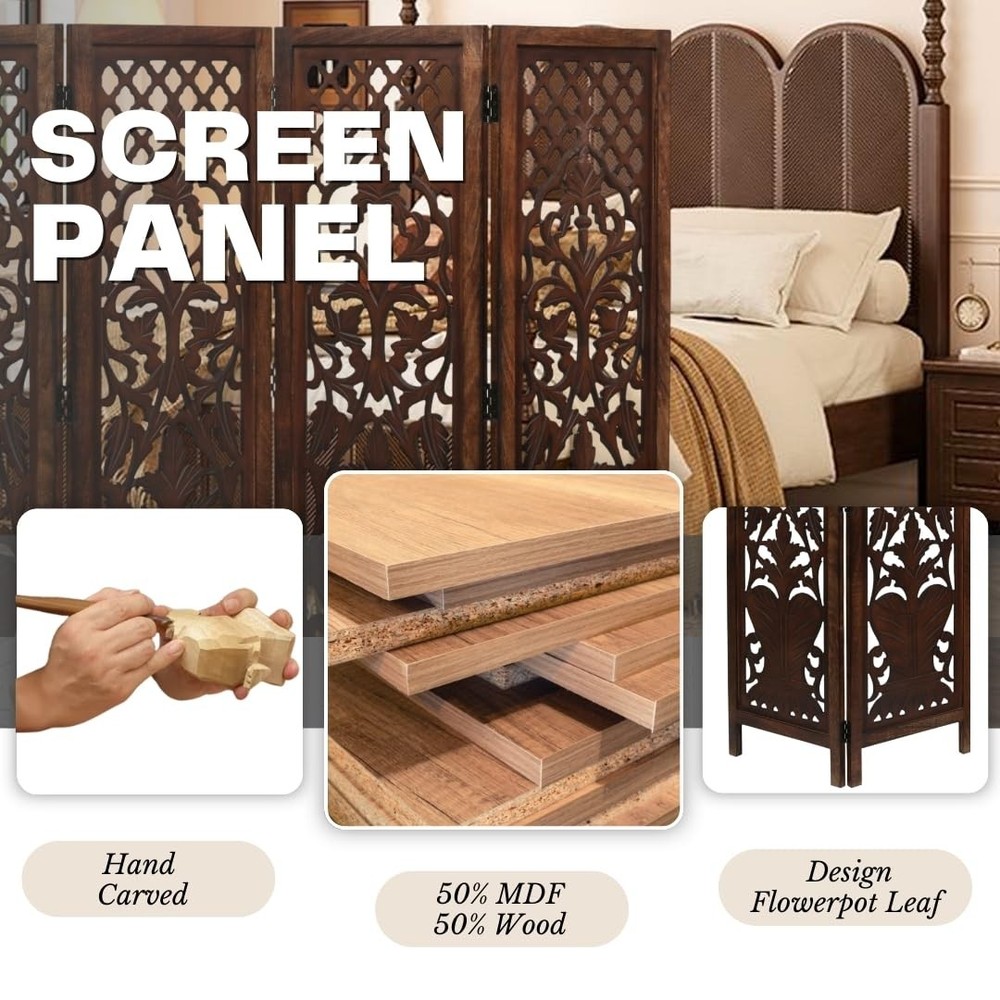 Room Divider Wood Screen Panel – Burnt Brown, 4-Panel Folding 64"x54", Hand-C...