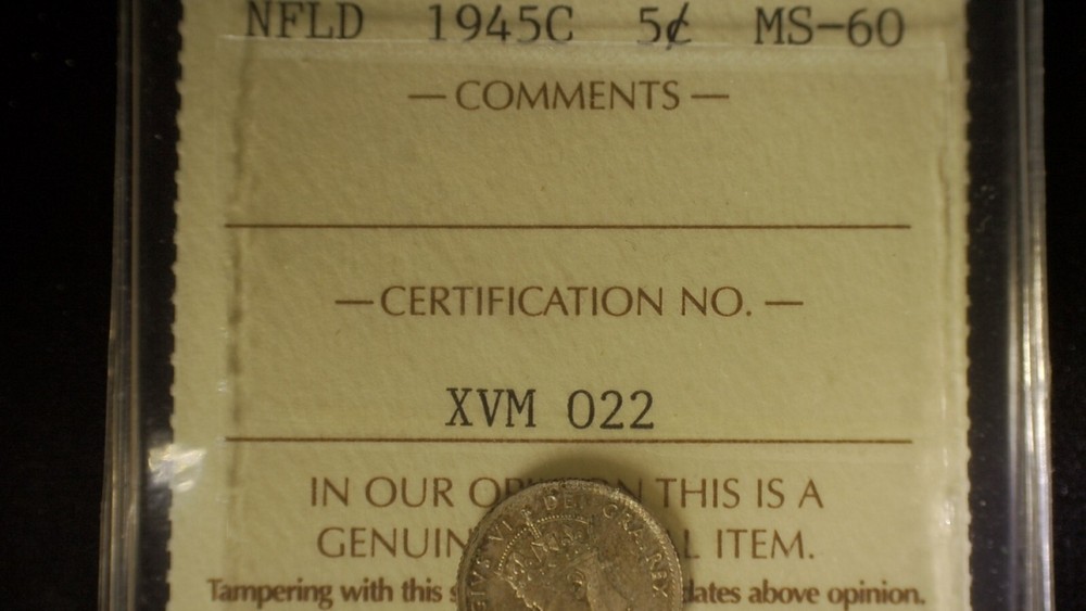 1945C- NFLD - 5 CENT - ICCS GRADED -MS-60 - ***WOW***