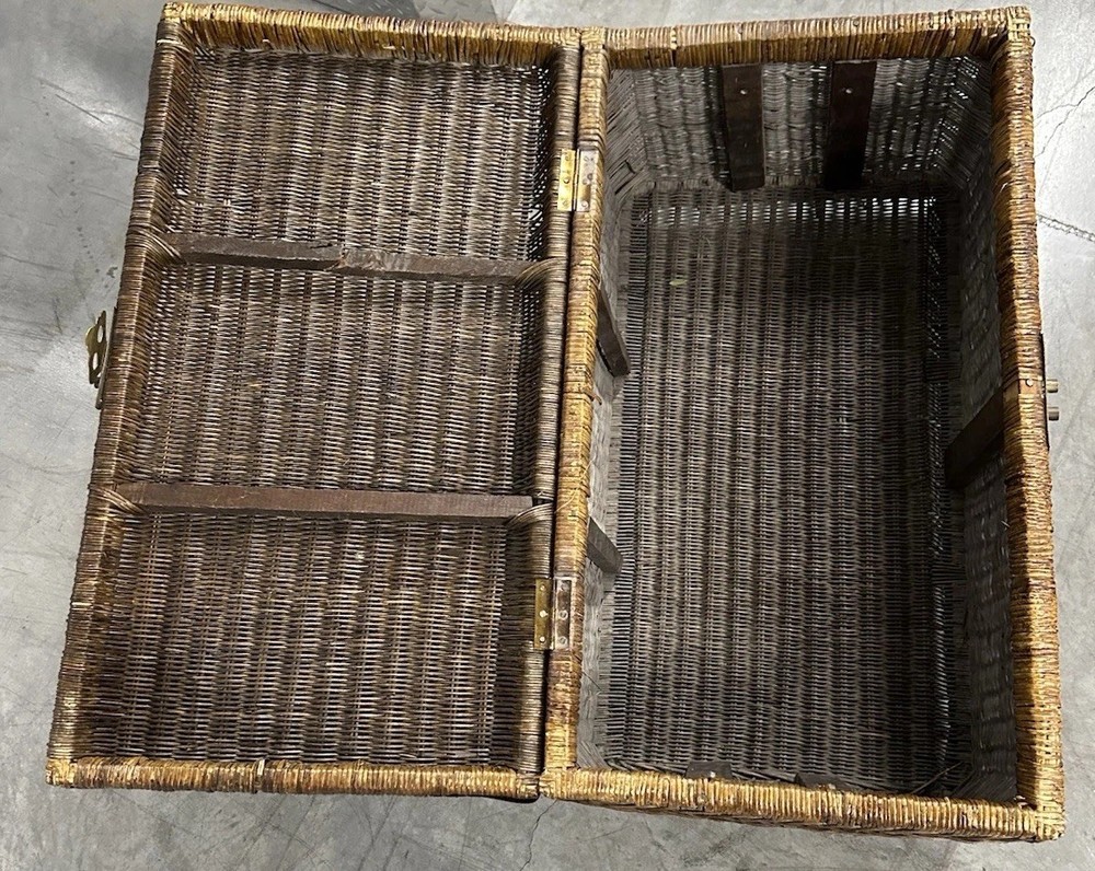 Antique Wicker Blanket Chest c1905 Cane Trunk Brass Hardware