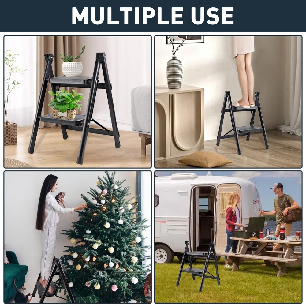 2-Step Ladder, Folding Step Stool for Kitchen/Closet/Garage, 2-Step, Black