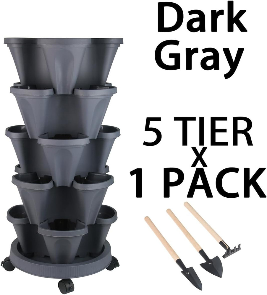 Vertical Planter Tower - 5 Tier Stackable Garden Planters with Wheels and Tools