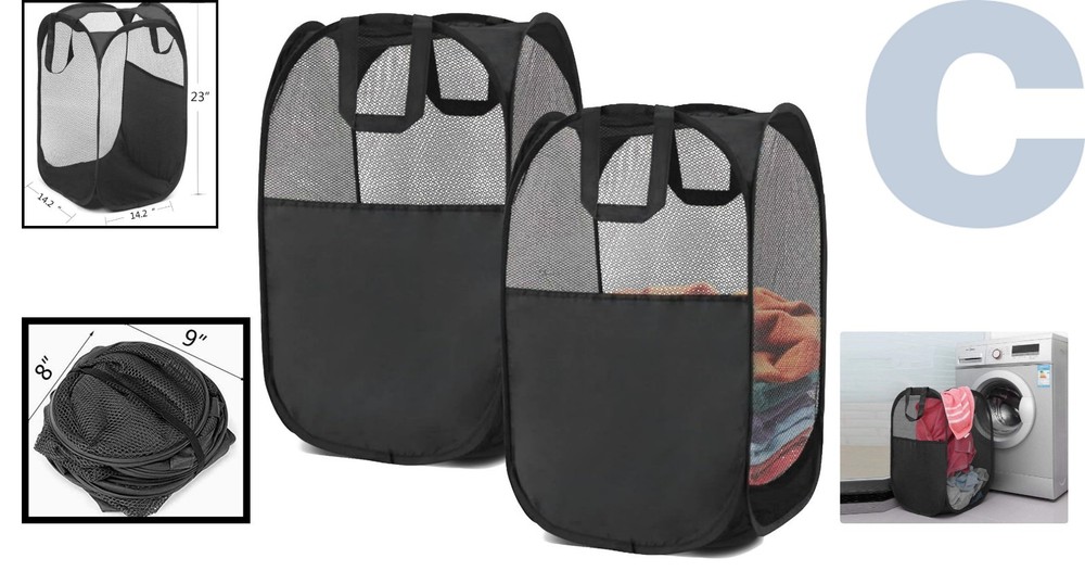 2-Piece Foldable Pop-Up Laundry Hamper Set with Reinforced Handles - Black