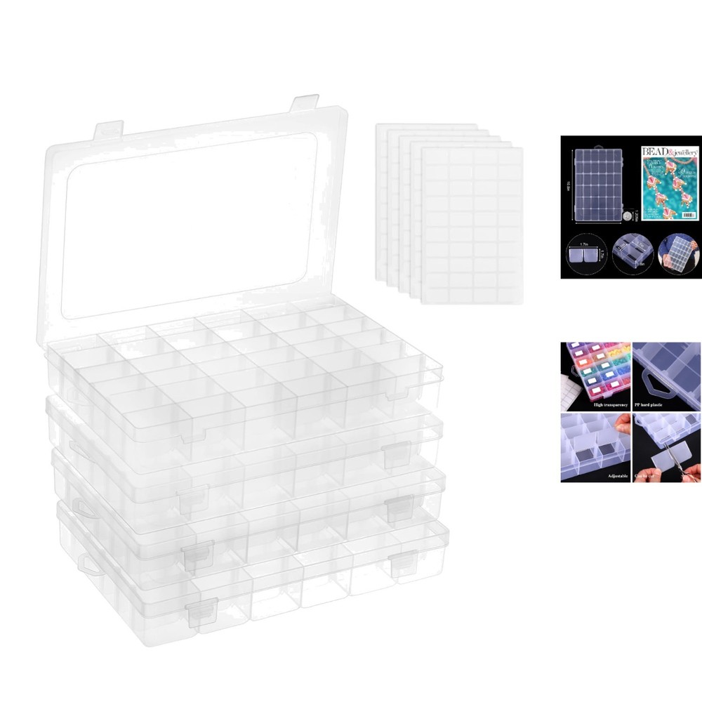 4 Pack 36 Grid Clear Bead Organizer Boxes with Adjustable Compartments & Labels