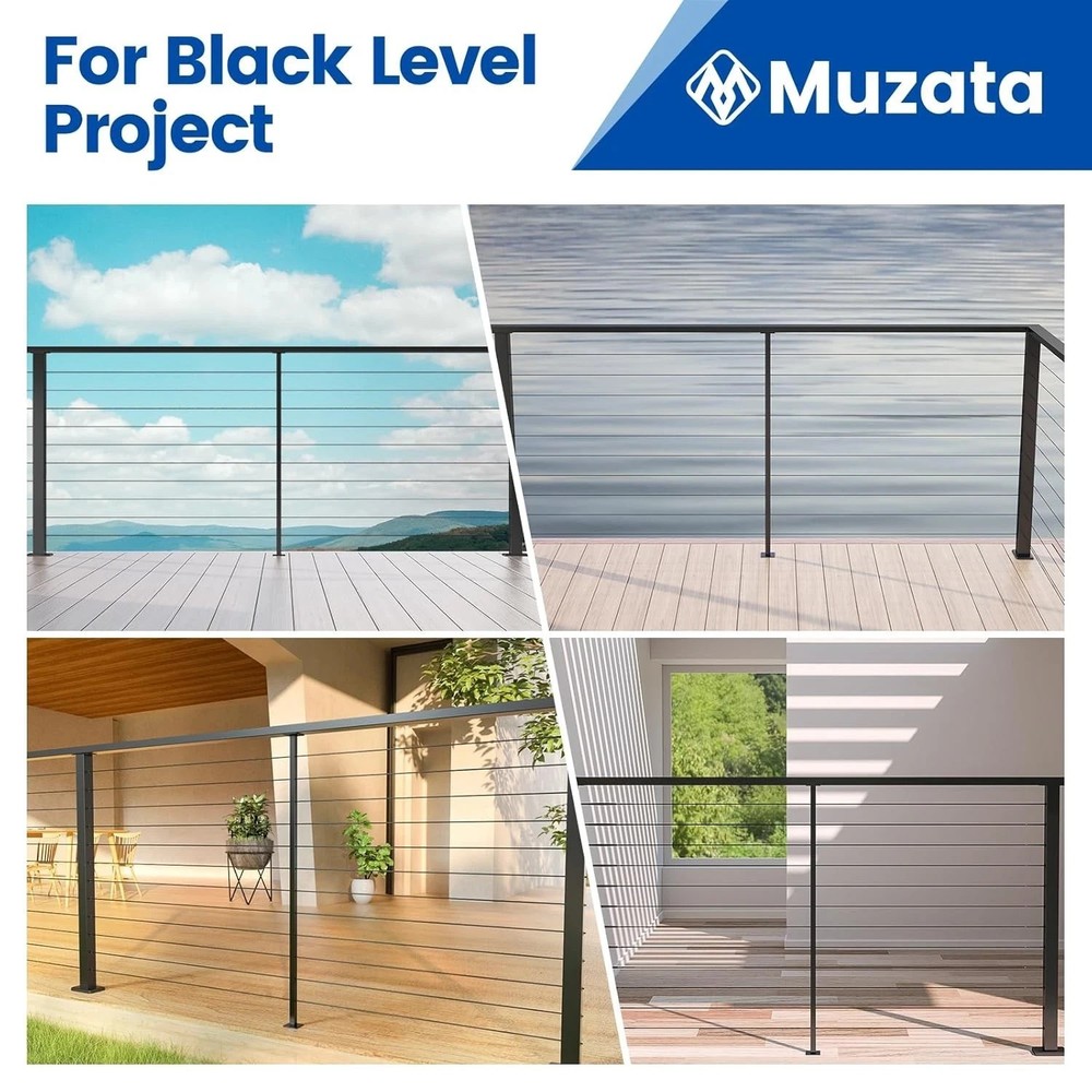 Black Aluminum Intermediate Cable Railing Post 36" Surface Mount w/ Flat Bracket