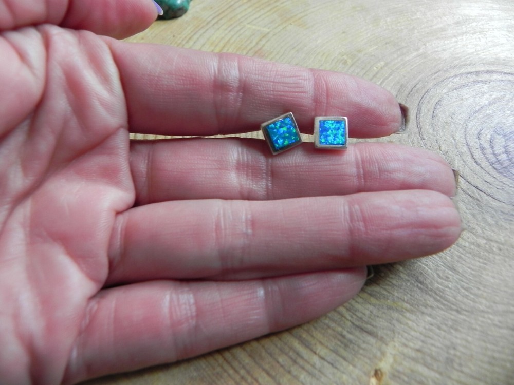 Blue Fire Opal & Sterling Silver .925 SQUARE Shape Stud Earrings