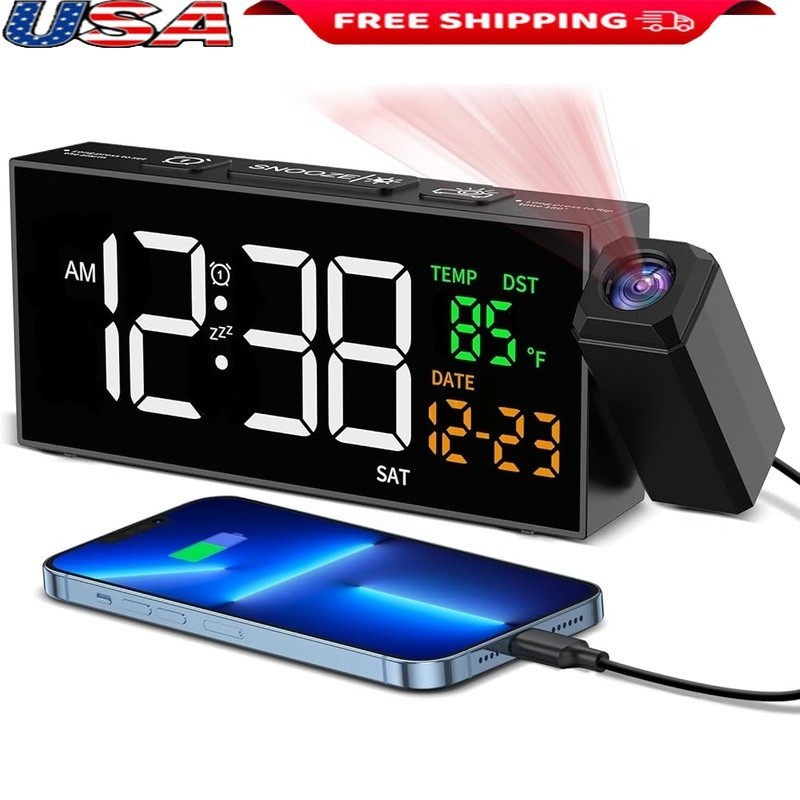 Projection Alarm Clock Adjustable Brightness Volume Temperature Display 4 in 1