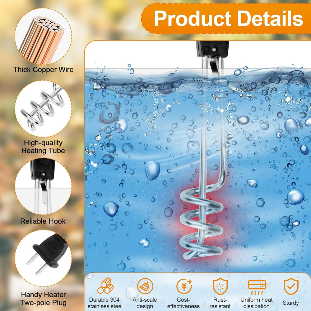 1000W-110V Immersion Water Heater-10In Electric Water Heater, Portable Submersib