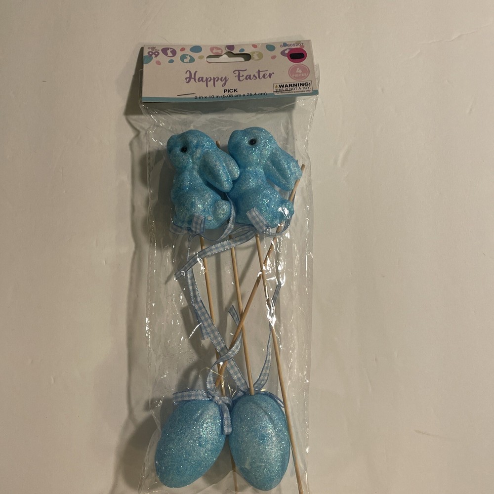 Blue Easter Bunny And Eggs Glittered Picks New