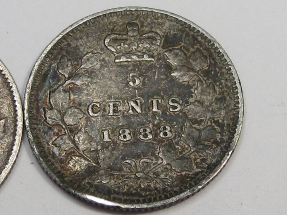 2 Victoria Silver 5¢ Cent CANADA: 1899 & 1888 Both w/ Problems - Bent/Scratched.
