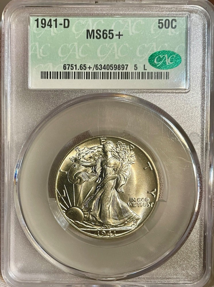 1941-D - Walking Half Dollar. CAC -MS 65+  White Gem.