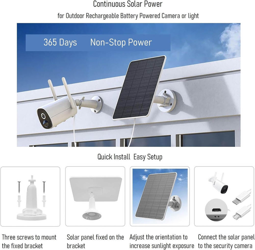 Solar Panel for Security Camera, 6W Solar Panel Micro USB & USB-C for Outdoor Re