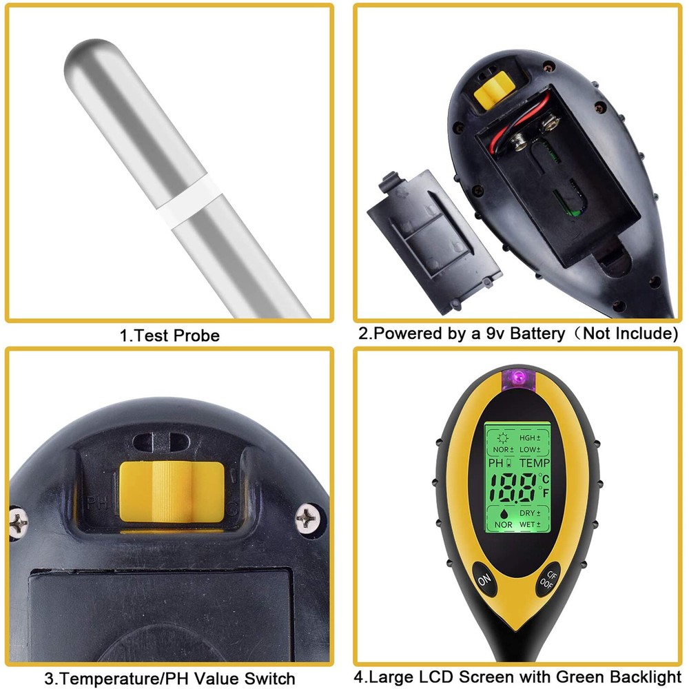 4 IN 1 Digital PH Meter Soil Tester Kit Sunlight Moisture Temperature Measuring