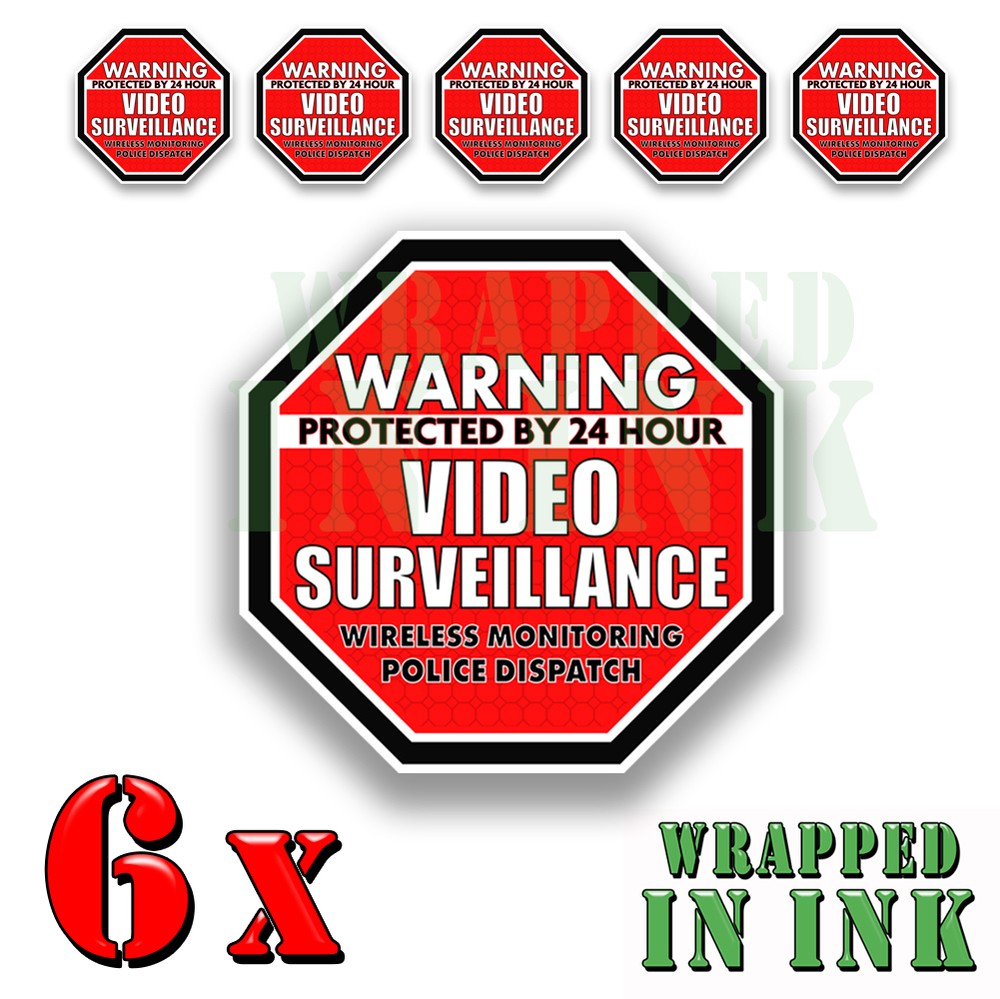 Warning 24 hour Video Surveillance Security Stickers RED OCT. Decal 6 PACK 2"