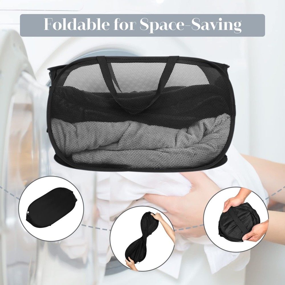 Durable Collapsible Laundry Baskets, Mesh Pop Up Horizontal, Black